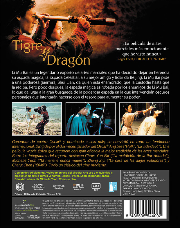 Funda, caja negra y DTS-HD Master Audio 5.1 en el Blu-ray de Tigre y Dragón