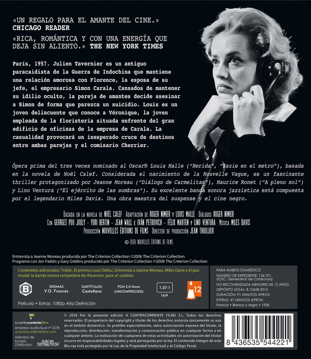 Carátula y contenidos del Blu-ray de Ascensor para el Cadalso