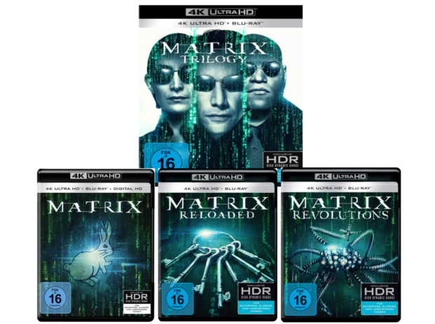 Carátulas individuales de la trilogía Matrix y pack en UHD 4K