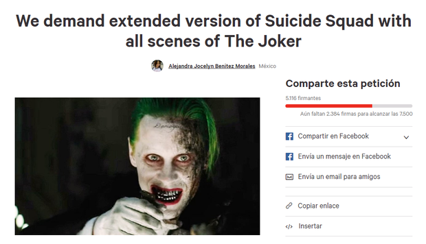 Petición para una versión extendida de Escuadrón Suicida con todas las escenas del Joker