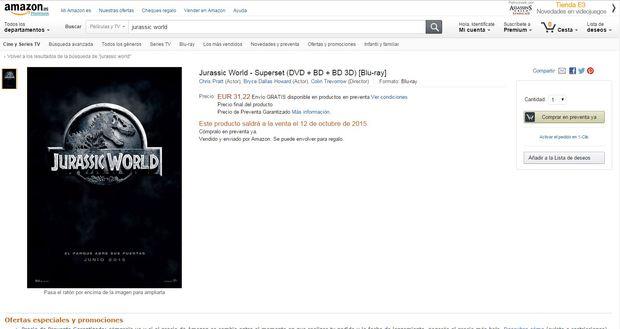 Ya disponible en preventa el Superset Jurassic World (DVD, BD y BD 3D) con precio de preventa garantizado por 31,22 € en Amazon
