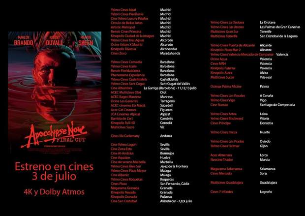 Listado de Cines donde se Proyectará (Apocalypse Now - Final Cut) a Partir del 3 de Julio. 