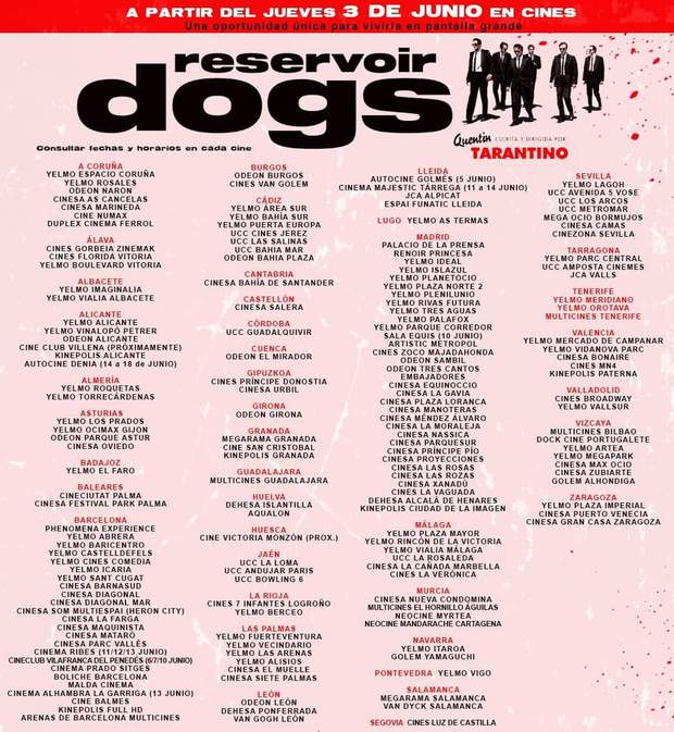 Listado de Cines donde se Proyectará (Reservoir Dogs). 