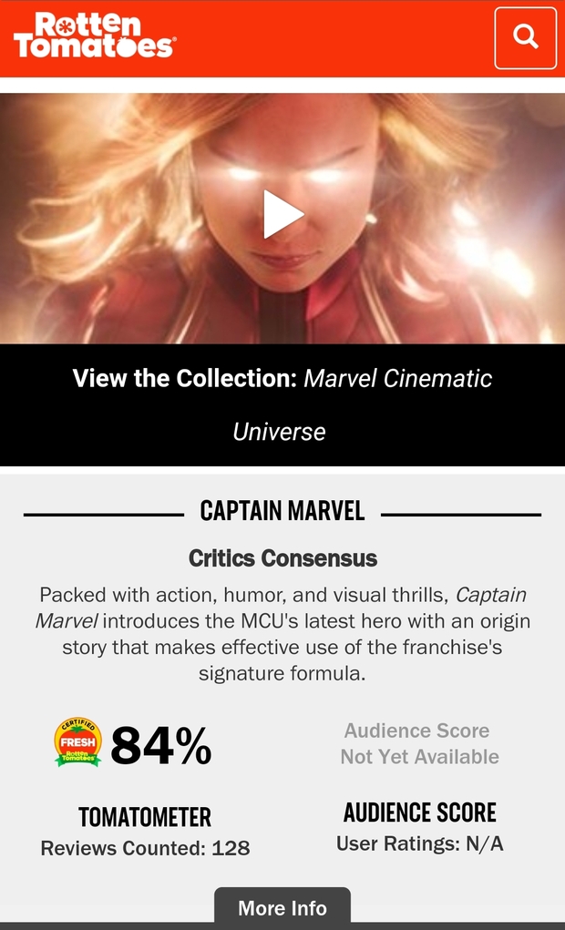 Captain Marvel - 84% (Rotten Tomatoes)