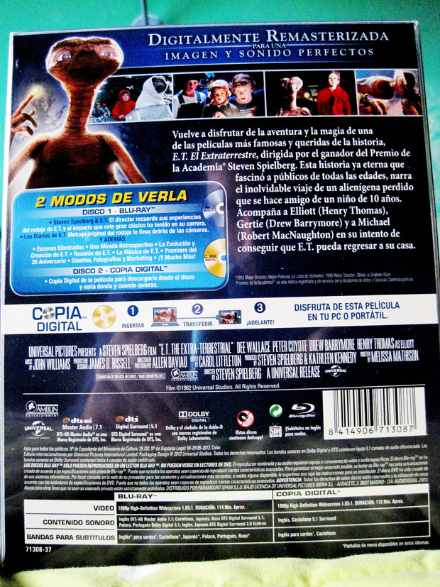 E.T. El Extraterrestre: Edición Peluche. Blu Ray Pack Trasera