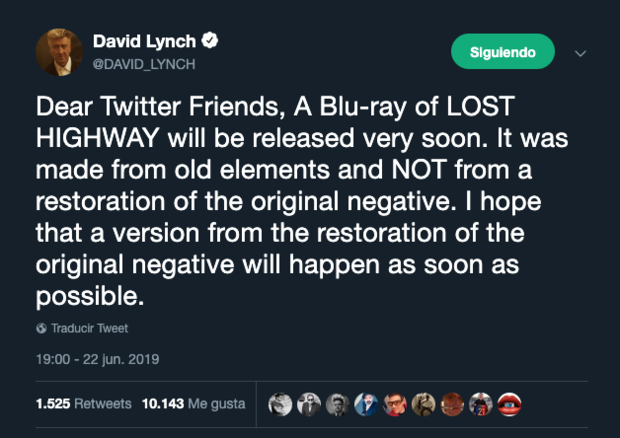 David Lynch advirtiendo a la gente sobre (no) comprar la nueva edición de Lost Highway