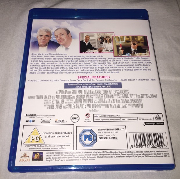 Información Extras Blu-ray “Un Par de Seductores” Edición Reino Unido (UK) "Dirty Rotten Scoundrels”