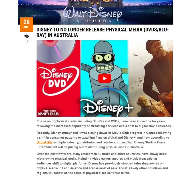 Disney cancela ediciones físicas en Australia