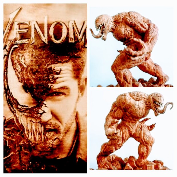 Brutal estatua de Venom tallada en madera.