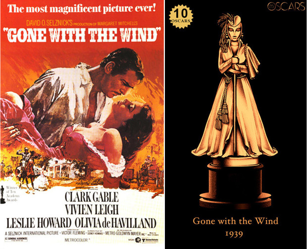 1939 Gone With the Wind, ganadora del Oscar a Mejor Película y diseño de la estatuilla por el dibujante Olly Moss