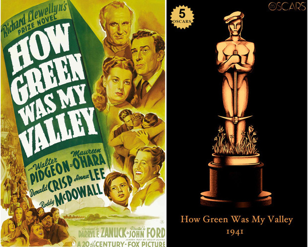 1941 How Green Was My Valley, ganadora del Oscar a Mejor Película y diseño de la estatuilla por el dibujante Olly Moss