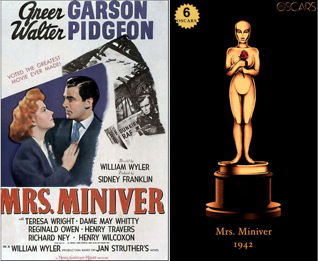 1942 Mrs. Miniver, ganadora del Oscar a Mejor Película y diseño de la estatuilla por el dibujante Olly Moss