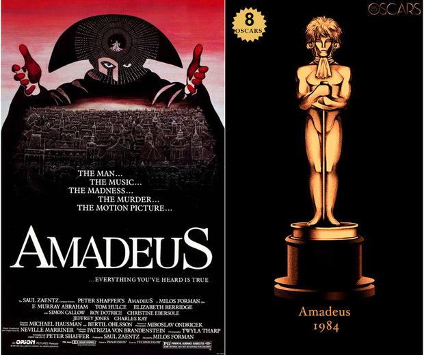 1984 Amadeus, ganadora del Oscar a Mejor Película y diseño de la estatuilla por el dibujante Olly Moss