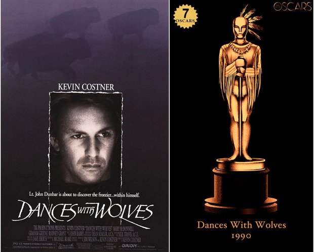 1990 Dances with Wolves, ganadora del Oscar a Mejor Película y diseño de la estatuilla por el dibujante Olly Moss