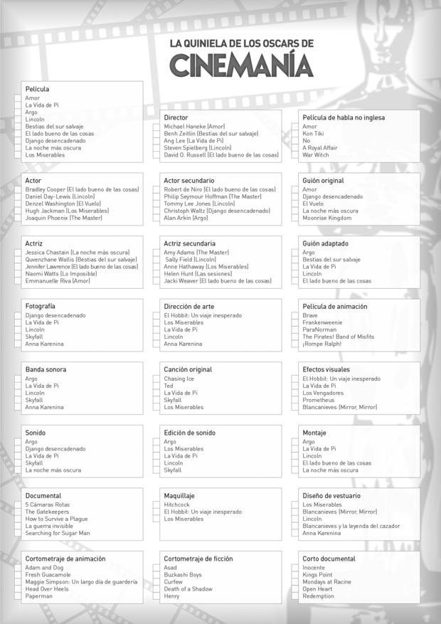 Aquí teneis la quiniela de los Oscars de Cinemania, para imprimir y seguir la gala con todo detalle.