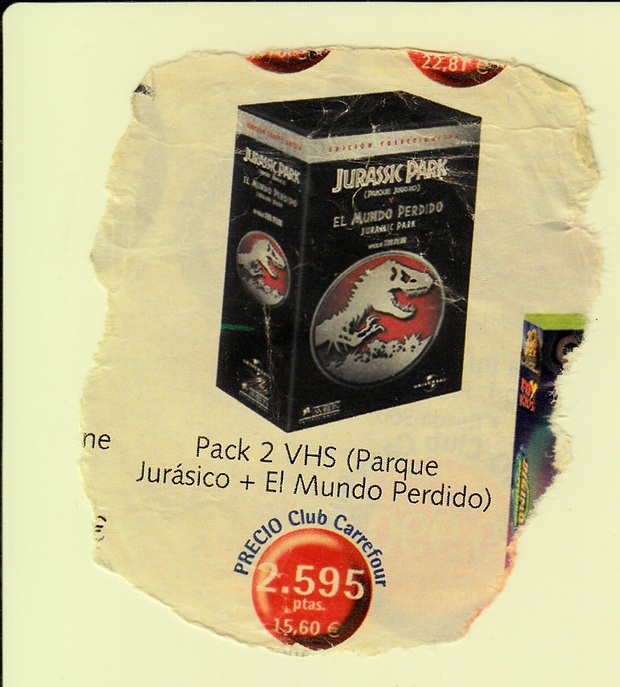 Jurassic Park: Anuncio del pack que sacaron a la venta en VHS cuando salio a la venta El Mundo Perdido