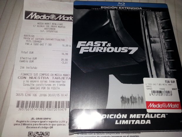 Mi compra de Hoy: Fast & Furious 7 Steelbook por solo 16,99 euros en MM Calle Alcala (Metro Goya)