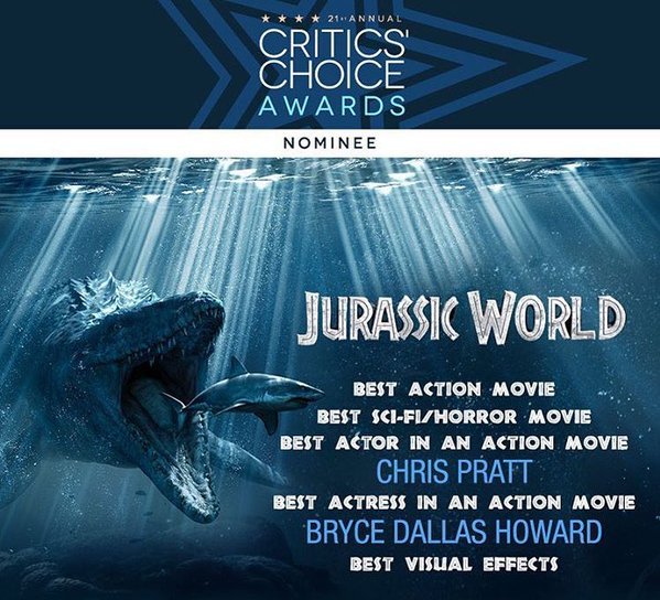 Jurassic World nominada a cinco Critics Choice Awards!!! Los premios que entrega la Broadcast Film Critics Association, la mayor organización de críticos de Estados Unidos