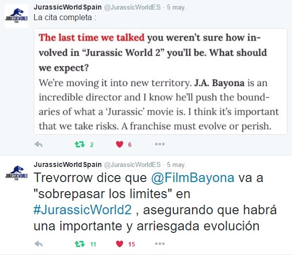 Trevorrow dice que @FilmBayona va a "sobrepasar los limites" en #JurassicWorld2 , asegurando que habrá una importante y arriesgada evolución