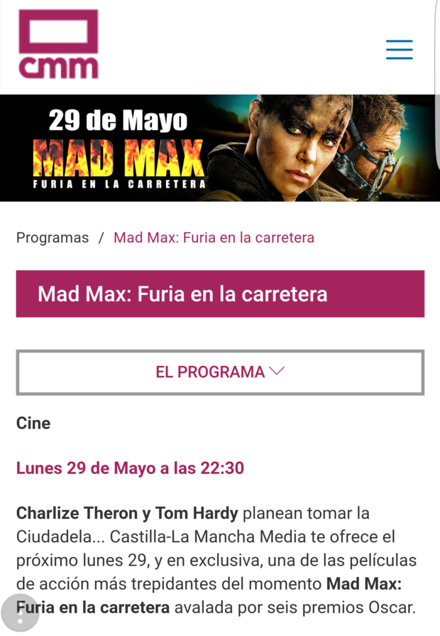 Mad Max Fury Road:  Estreno en TV el Lunes 29 de Mayo de 2017 a las 22:30 en CMM