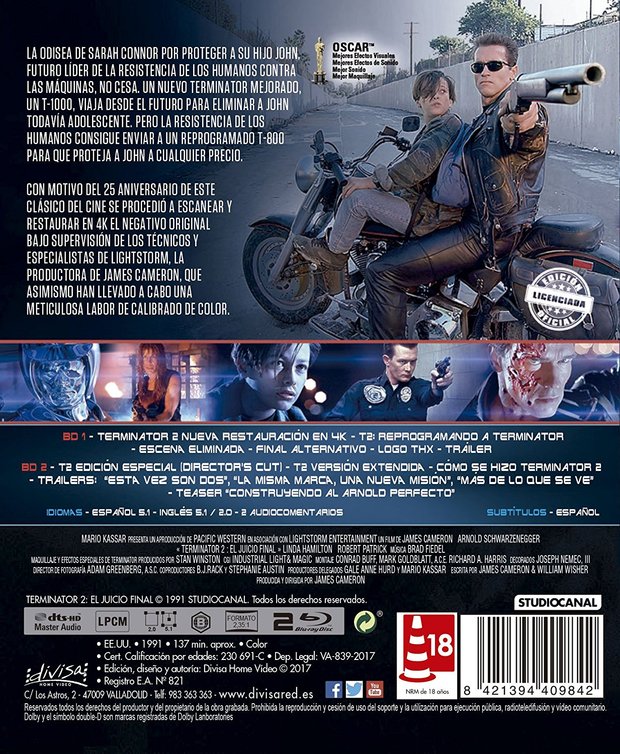 Terminator 2 Divisa Contraportada (Según indica solo nueva restauración en versión cinematográfica)