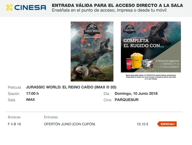 Jurassic World El Reino Caido: Mi Crítica y mi Entrada del segundo visionado en cines. Opinión sobre el 3D (Pequeños SPOILERS) + Triunfo total de 'JWFK ' en su estreno 