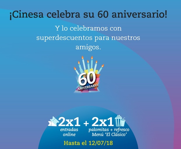 Oferta: Cinesa: 2x1 en Entradas y Menús para celebrar el 60 aniversario. Consigue tu código aquí