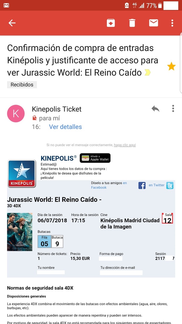 MI entrada del Séptimo visionado en cines de Jurassic World El Reino Caído (Primero en 4DX): Mi Crítica de la experiencia 4DX en Kinepolis