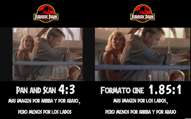 Jurassic Park - Vídeo comparativo Pan and Scan 4:3 (VHS) vs Formato cine 1.85:1 (DVD, Blu Ray, 4K)