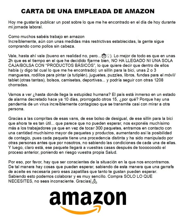 Carta de una empleada de Amazon España. ¡Online compra solo productos de primera necesidad!.