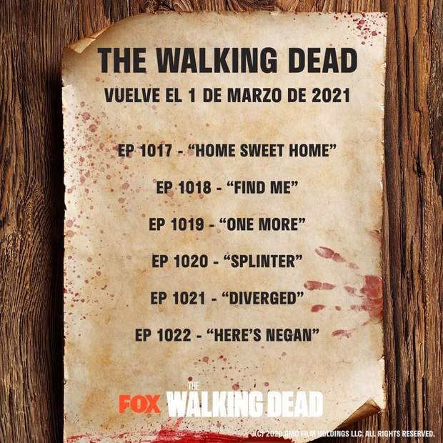 La Tenporada 10 de The Walking Dead regresa el 1 de Marzo de 2021 con 6 capítulos extras más.