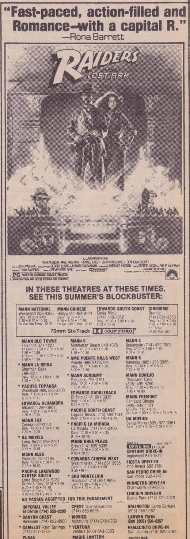 Indiana Jones y el arca perdida. Anuncio original de 1981 del periodico Los Angeles Times.