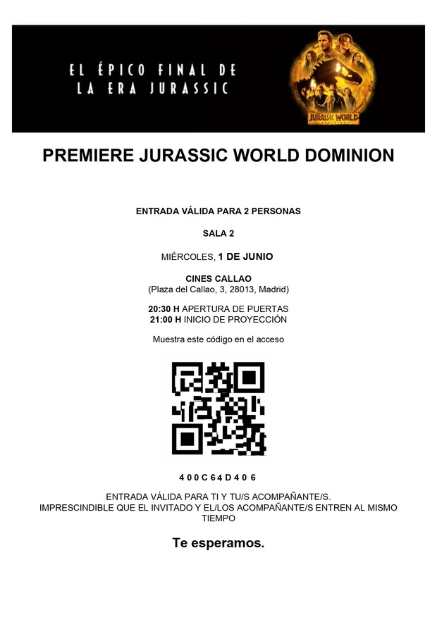 Jurassic World Dominion: Mi Critica y mi Entrada [Sin Spoilers]. Nota 8/10. Épica pero...