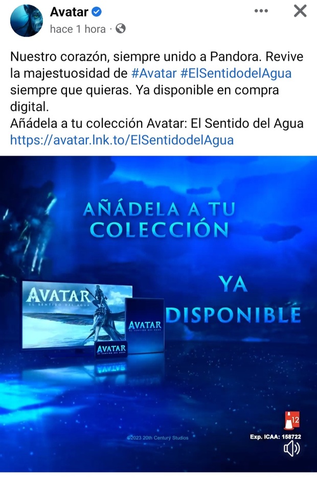 Avatar El Sentido del Agua. Hoy 04-04-2023 lanzamiento en formato digital.