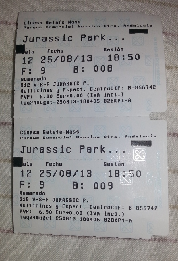 Mis entradas de JURASSIC PARK 3d parque jurasico 3d 25-08-2013