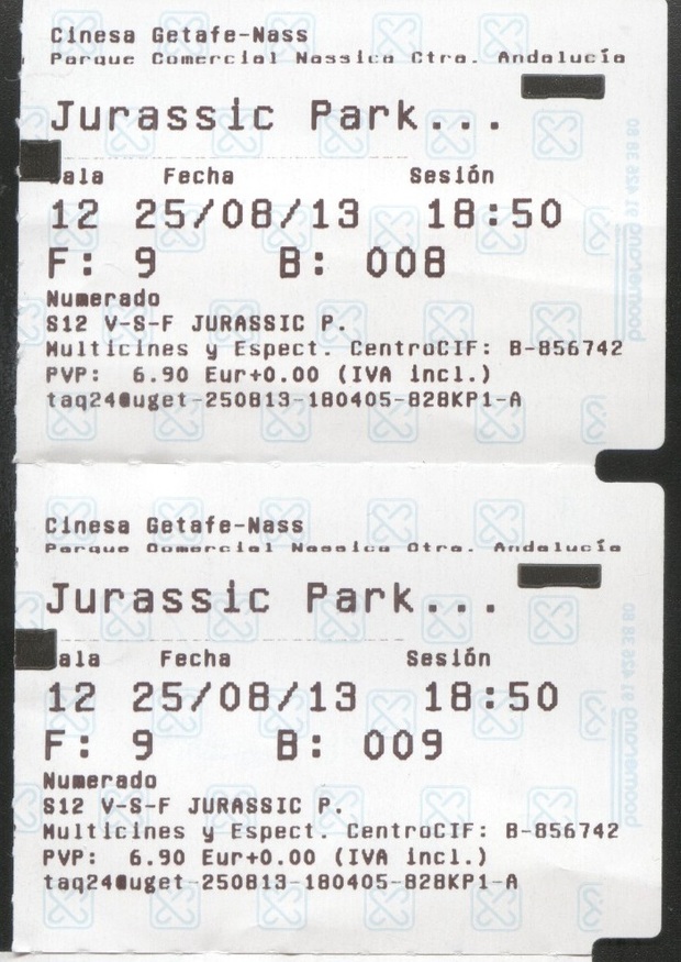 Mis entradas  de  JURASSIC  PARK 3D  25-08-2013