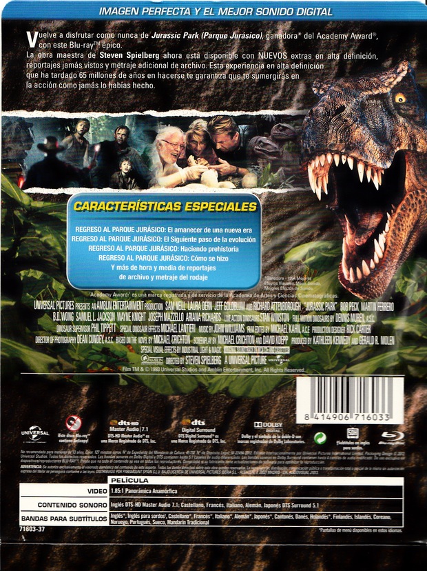 Contraportada Steelbook Español Jurassic Park Edición 100 Aniversario Universal