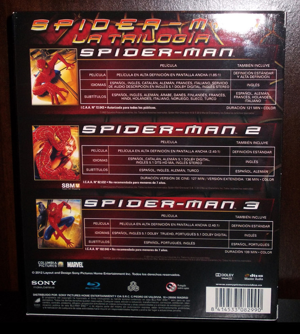 Spider-Man Trilogía -Caratula trasera caja Blu-ray-