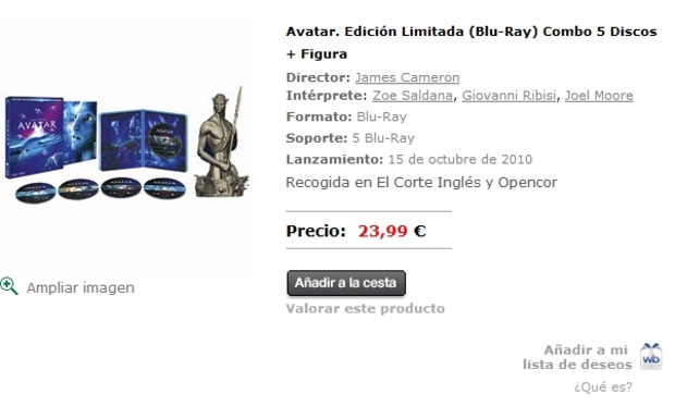 Avatar. Edición Limitada (Blu-Ray) Combo 5 Discos + Figura 23,99€ en ECI