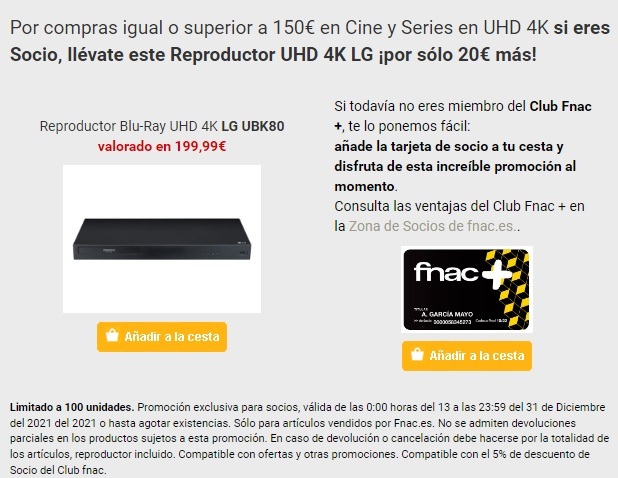 Oferta Fnac - Bluray LG UBK80 con 150€ en pelis 4K