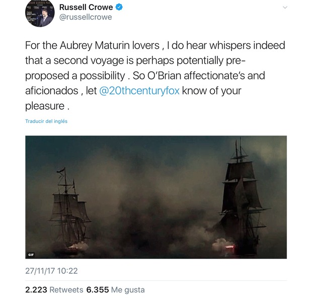 A los que nos gustaría una continuación de 'Master & Commander', Russell Crowe nos pide al menos un RT.
