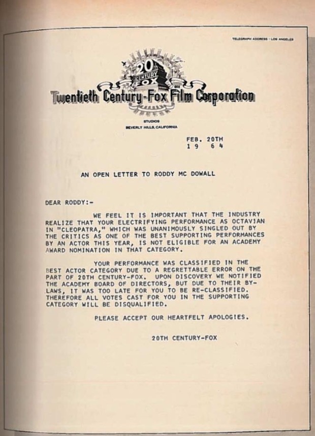 Carta pública de disculpas de Twentieth Century Fox a Roddy McDowall.