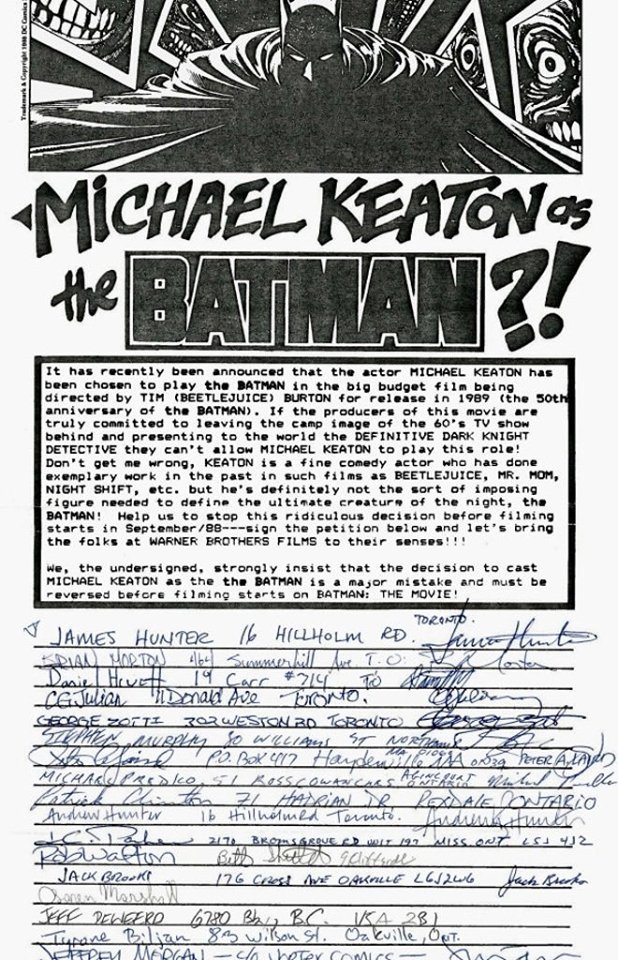 Petición de los "fans" para que Michael Keaton no interprete a Batman (1989).