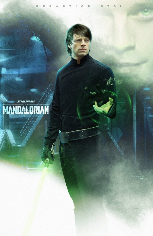 Sebastian Stan como Luke Skywalker en Mandalorian (por BossLogic).