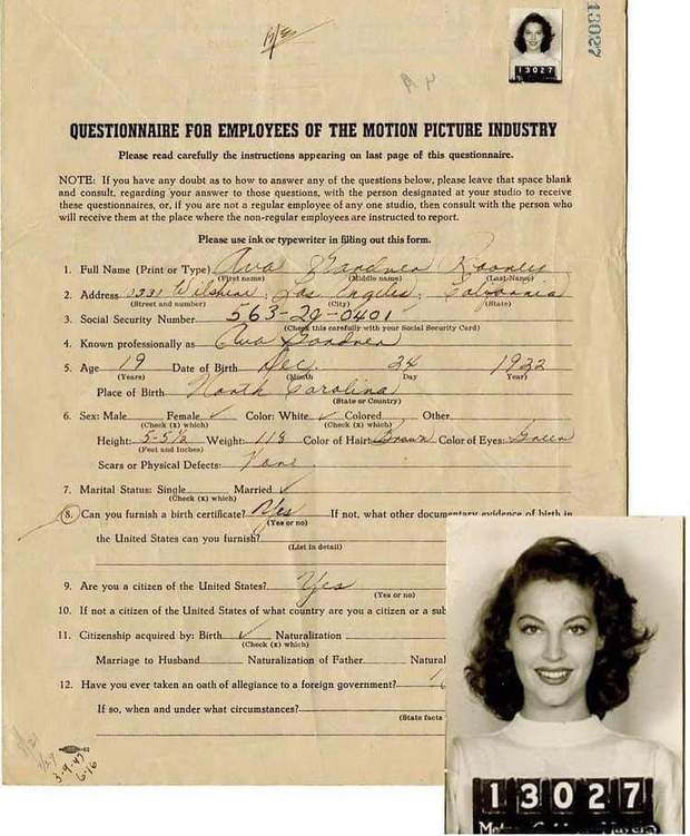 Curiosidad cinéfila. Ficha de inscripción de Ava Gardner en MGM.