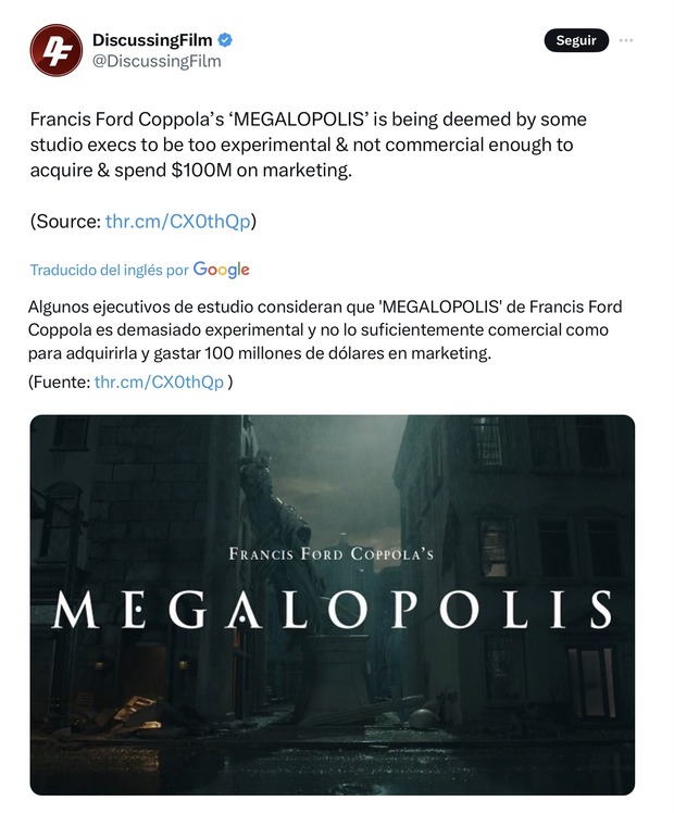 Malas noticias, 'Megalopolis' de Francis F. Coppola tiene problemas para encontrar distribuidores.