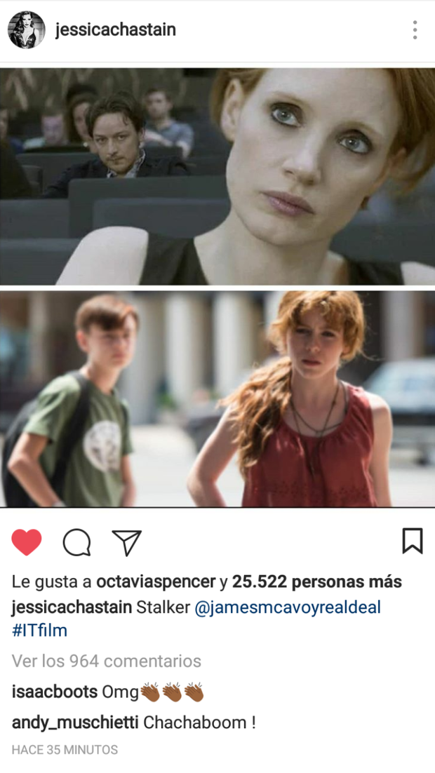 Jessica Chastain confirma su aparición y la de James Mcavoy en la secuela de It por instagram