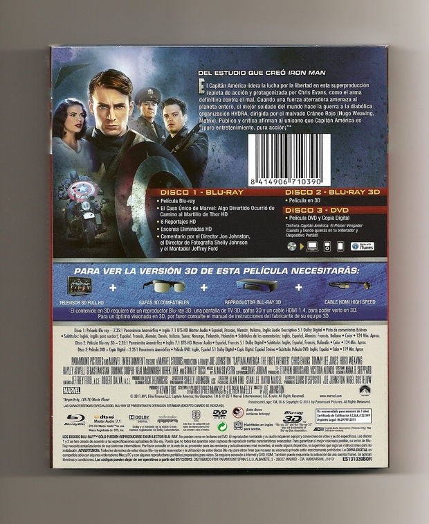Capitán América: el primer vengador. edición 3D limitada - Caratula trasera