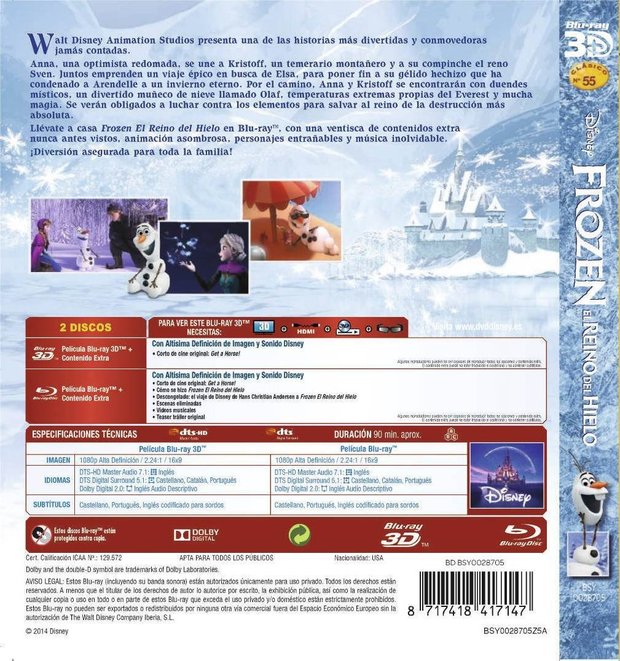 Parte trasera Bluray Frozen 3D
