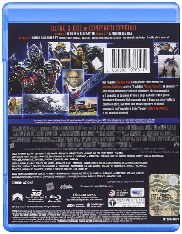 Para Javi83, carátula trasera desde amazon.it de la edición italiana de Transformers Age Of Extinction indicando "Vari Letterbox" (Letterbox variable) en la info del disco 3D y "3D includes shots expanded to fit the screen"